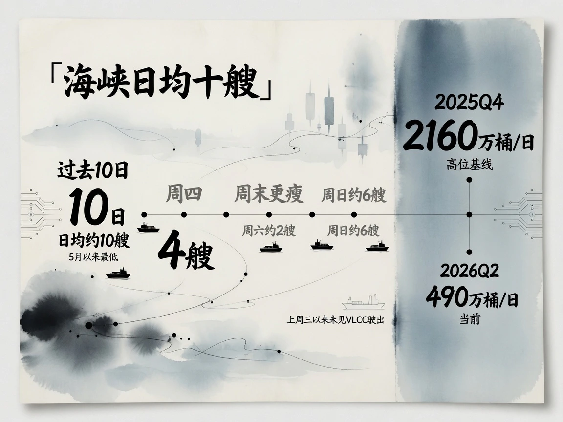 霍尔木兹通行:过去十日日均约10艘,周四4艘、周六约2艘、周日约6艘;2026年二季度油流约490万桶/日