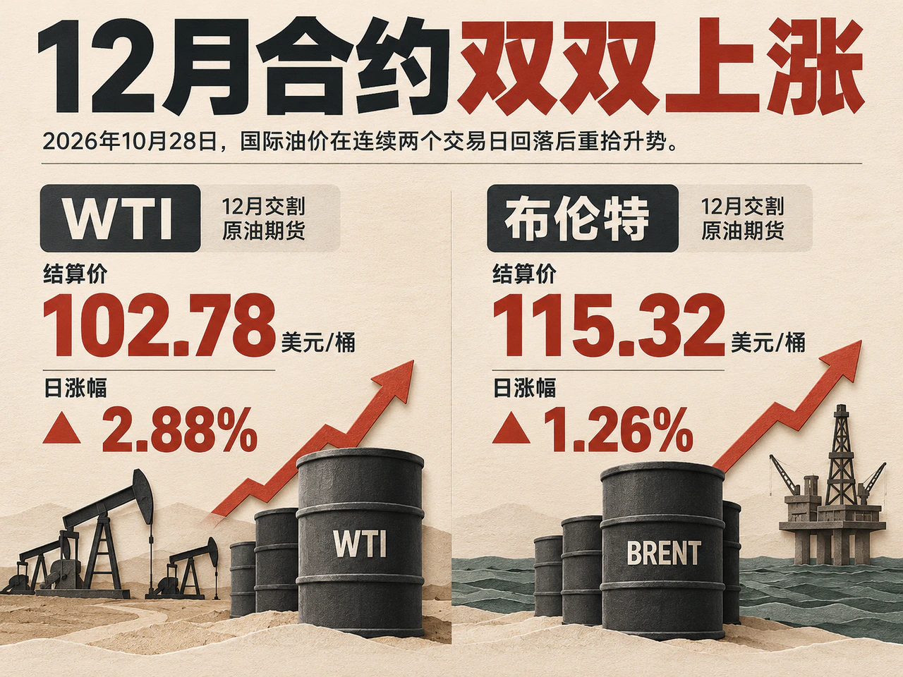 October 28 settlements for fixed December delivery: WTI US$102.78/barrel, up 2.88%; Brent US$115.32/barrel, up 1.26%. Both rose after two sessions of declines.