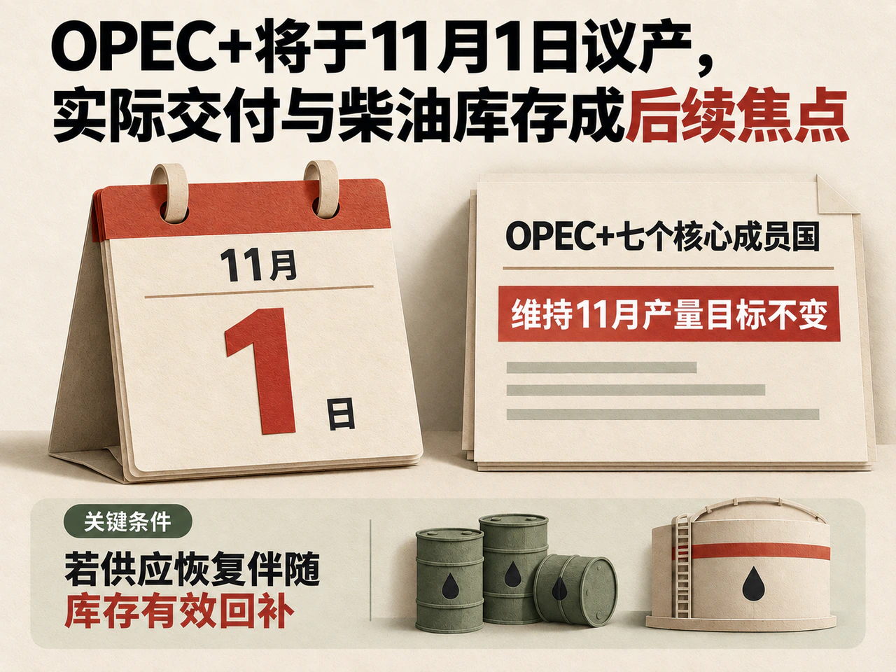 OPEC+ meets on November 1 after seven core members left November output targets unchanged; physical deliveries and diesel inventories are the next focus, conditional on supply recovery and meaningful stock replenishment.