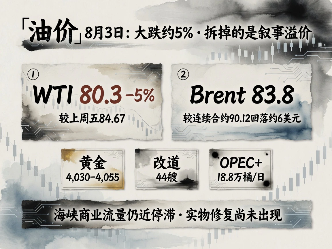 油价:WTI 80.3(−5%)、Brent 83.8;黄金4,030–4,055;商船改道44艘,OPEC+ 9月增产18.8万桶/日;海峡商业流量仍近停滞