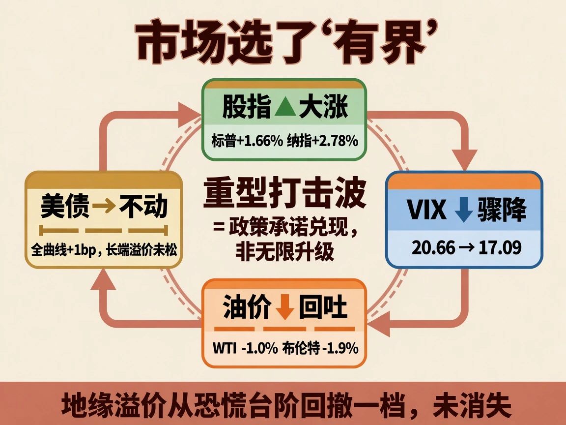 地缘市场选了有界：重型打击波兑现，股指涨油价回吐VIX降，长债未松