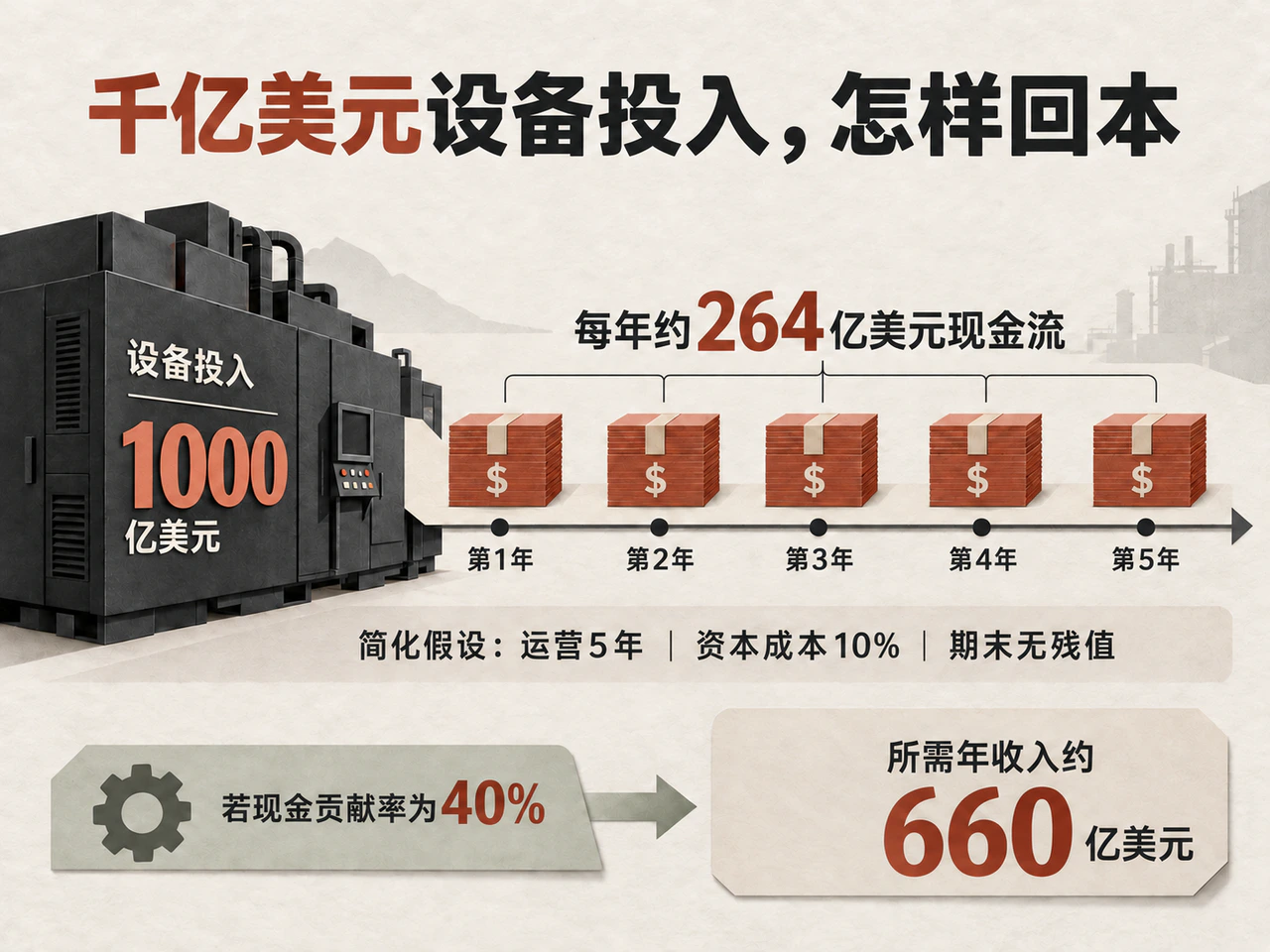 算力回本门槛测算:千亿美元设备投入每年需贡献约264亿美元现金