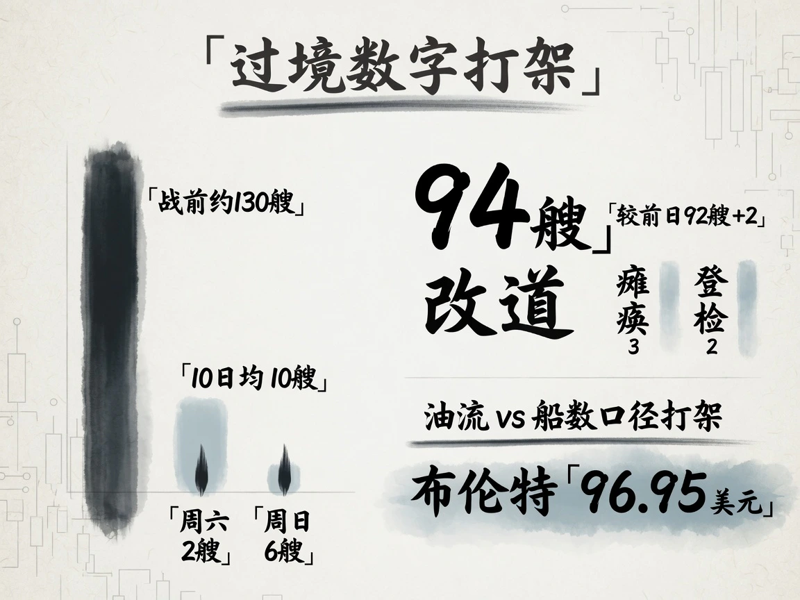 航运数据：十日日均通行10艘，美军累计改道94艘，布伦特周一盘中约96.95美元