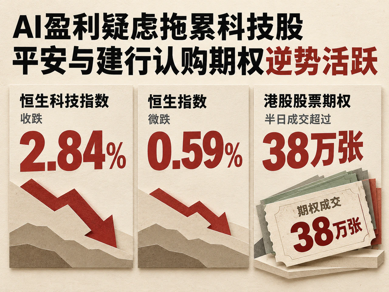 Paper-relief comparison of the Hang Seng Tech Index's 2.84% decline, the Hang Seng Index's 0.59% decline and more than 380,000 Hong Kong stock-option contracts traded in the morning session.