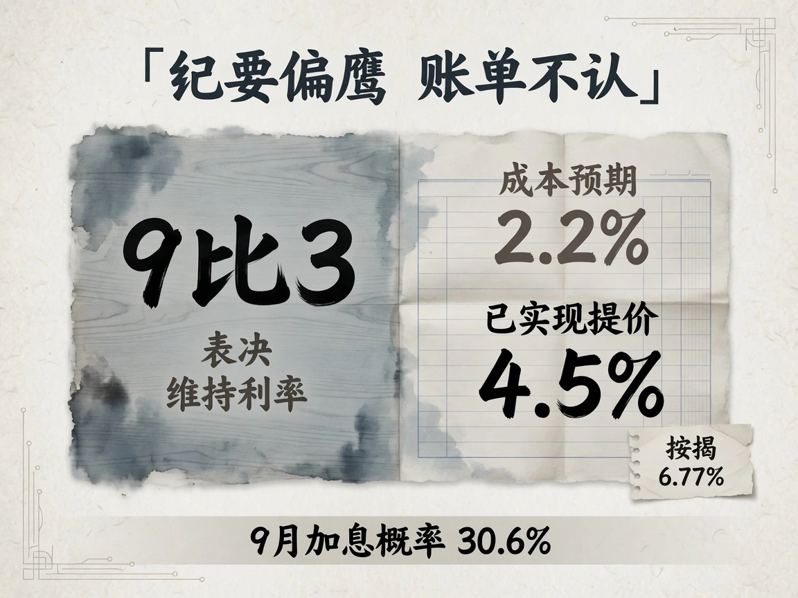 7月纪要表决9比3维持,企业成本预期2.2%而已实现提价4.5%,按揭6.77%,9月加息概率30.6%
