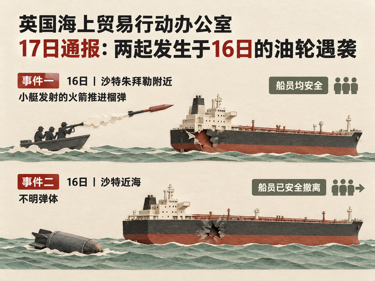 英国海上贸易行动办公室17日新增通报的两起16日油轮遇袭事件