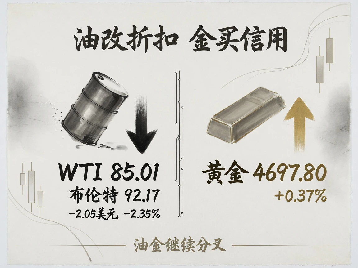 WTI结算85.01下跌2.35%,黄金4697.80上涨0.37%