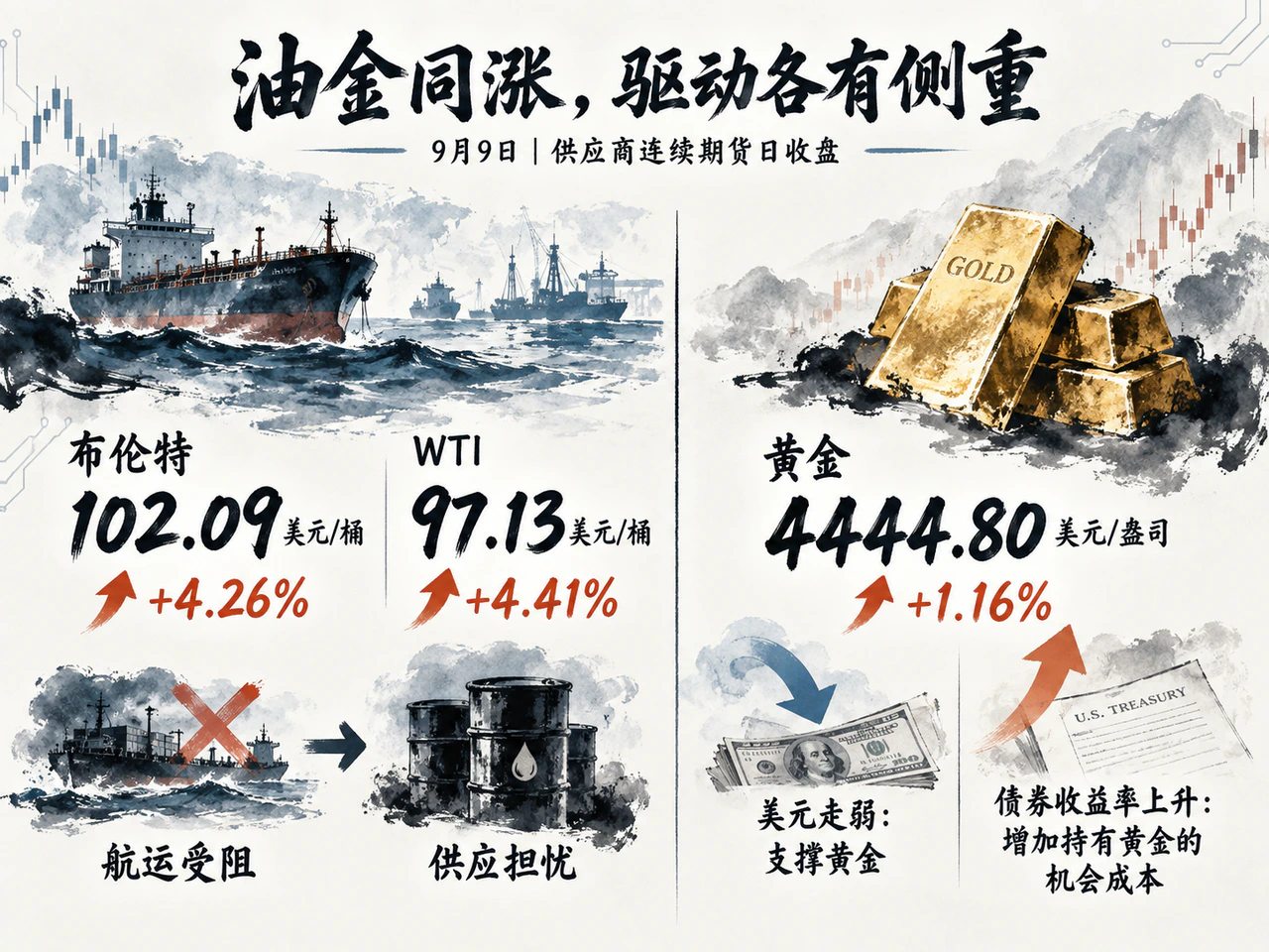 原油与黄金日收盘价格共同上涨