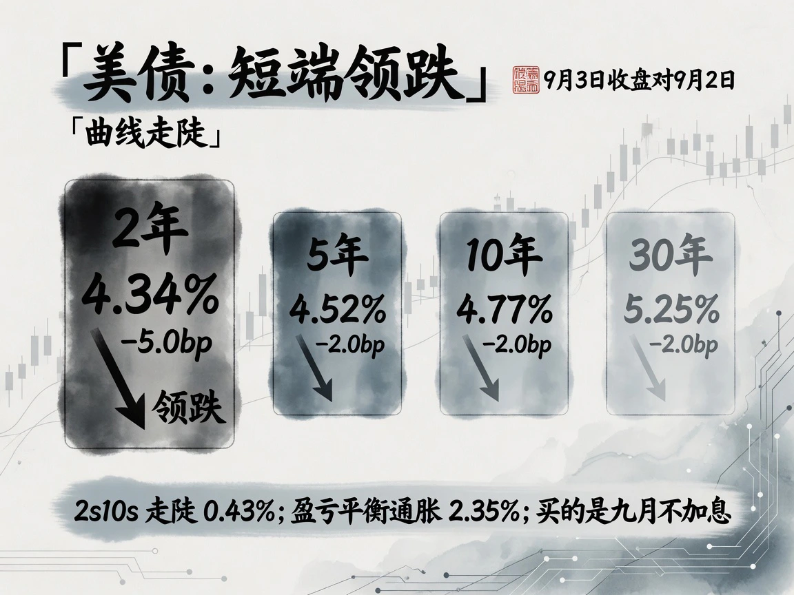 美债：短端领跌，曲线走陡——2年4.34%（-5.0bp）领跌，5/10/30年各-2.0bp，2s10s走陡至0.43%