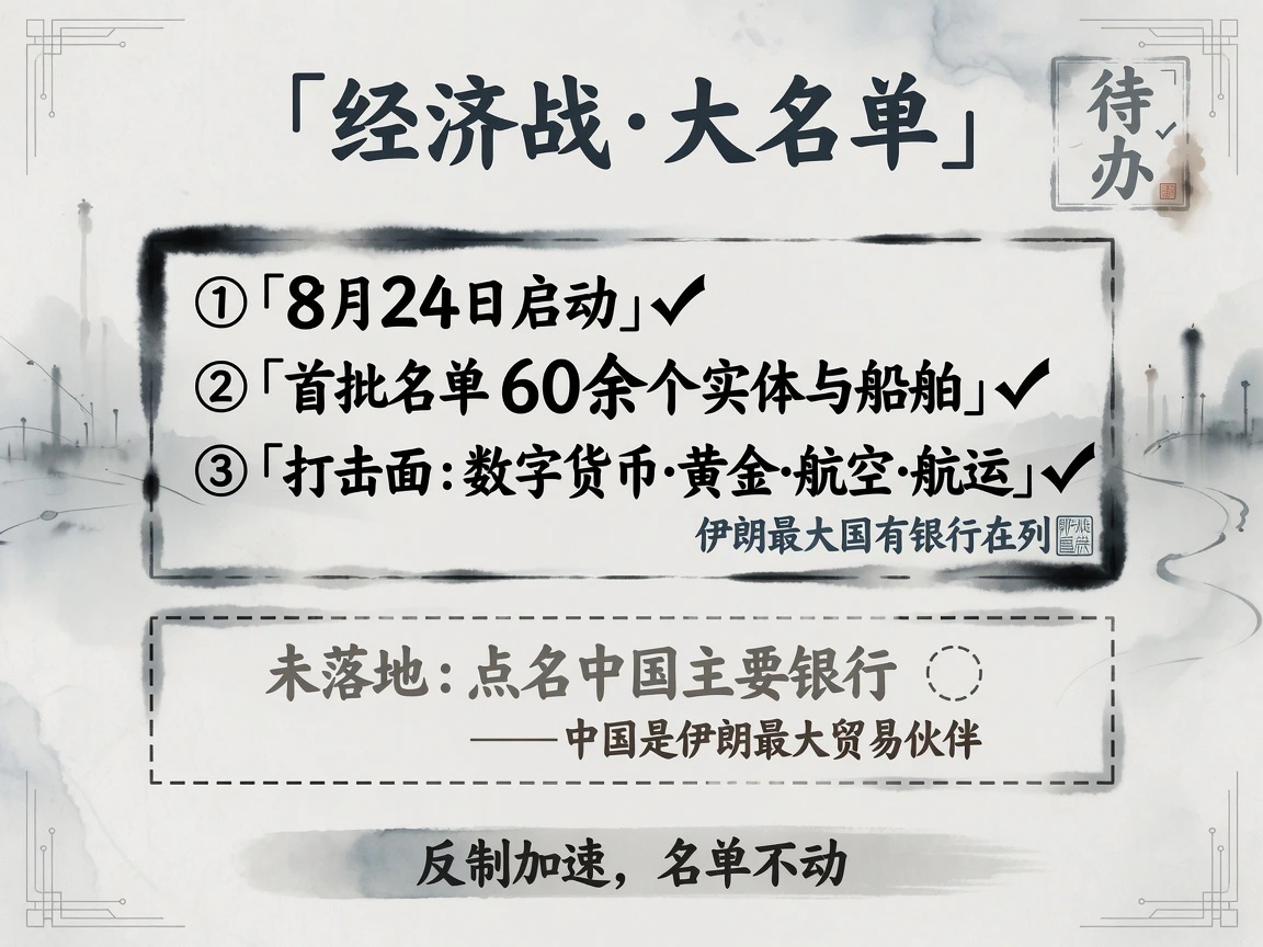 经济孤立行动8月24日启动,首批名单60余个实体与船舶,打击面扩至数字货币黄金航空航运;点名中国银行未落地