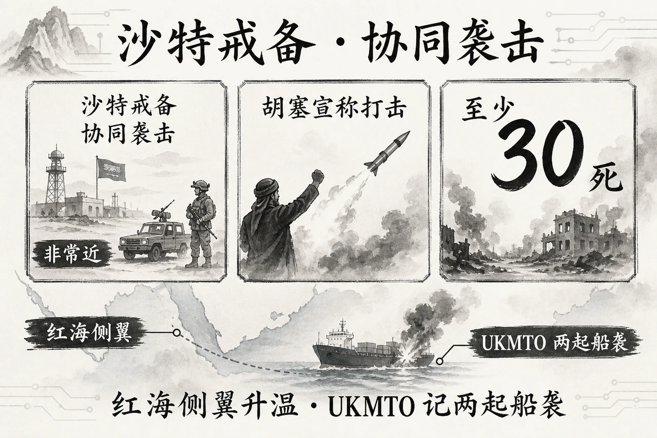 沙特戒备协同袭击；胡塞宣称打击沙军；路透称也门政府军至少30死