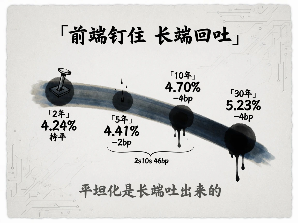 两年期4.24%持平,十年与三十年各回吐4个基点
