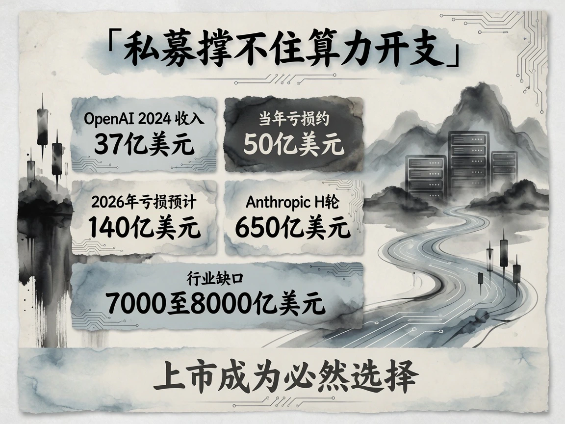 私募撑不住算力开支:OpenAI 2024亏约50亿、2026预计亏140亿,Anthropic H轮650亿,行业缺口7000–8000亿