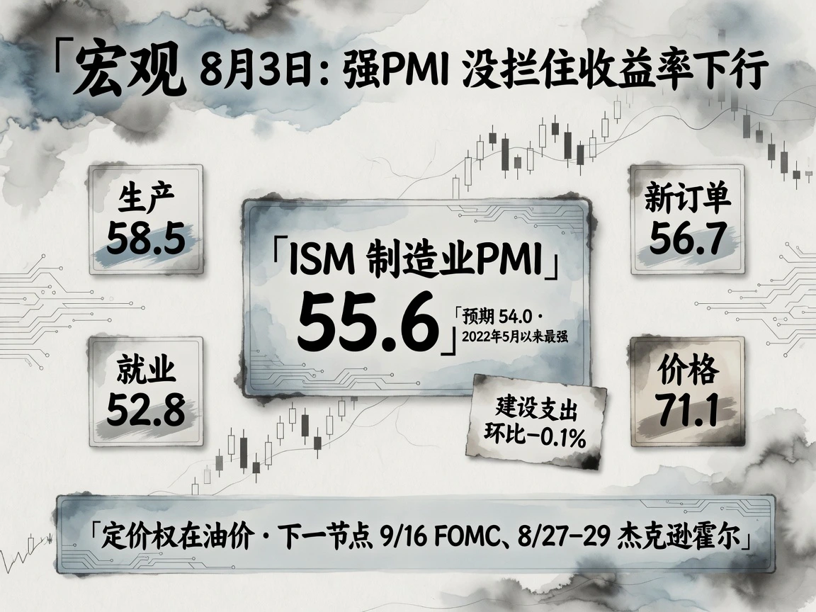 宏观:ISM制造业PMI 55.6(预期54.0),生产58.5、新订单56.7、就业52.8、价格71.1;建设支出环比−0.1%;下一节点9/16 FOMC、8/27–29杰克逊霍尔
