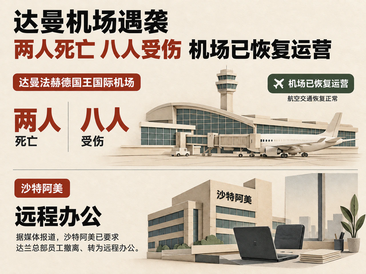 Dammam airport casualties and reopening; Aramco remote-work instructions.