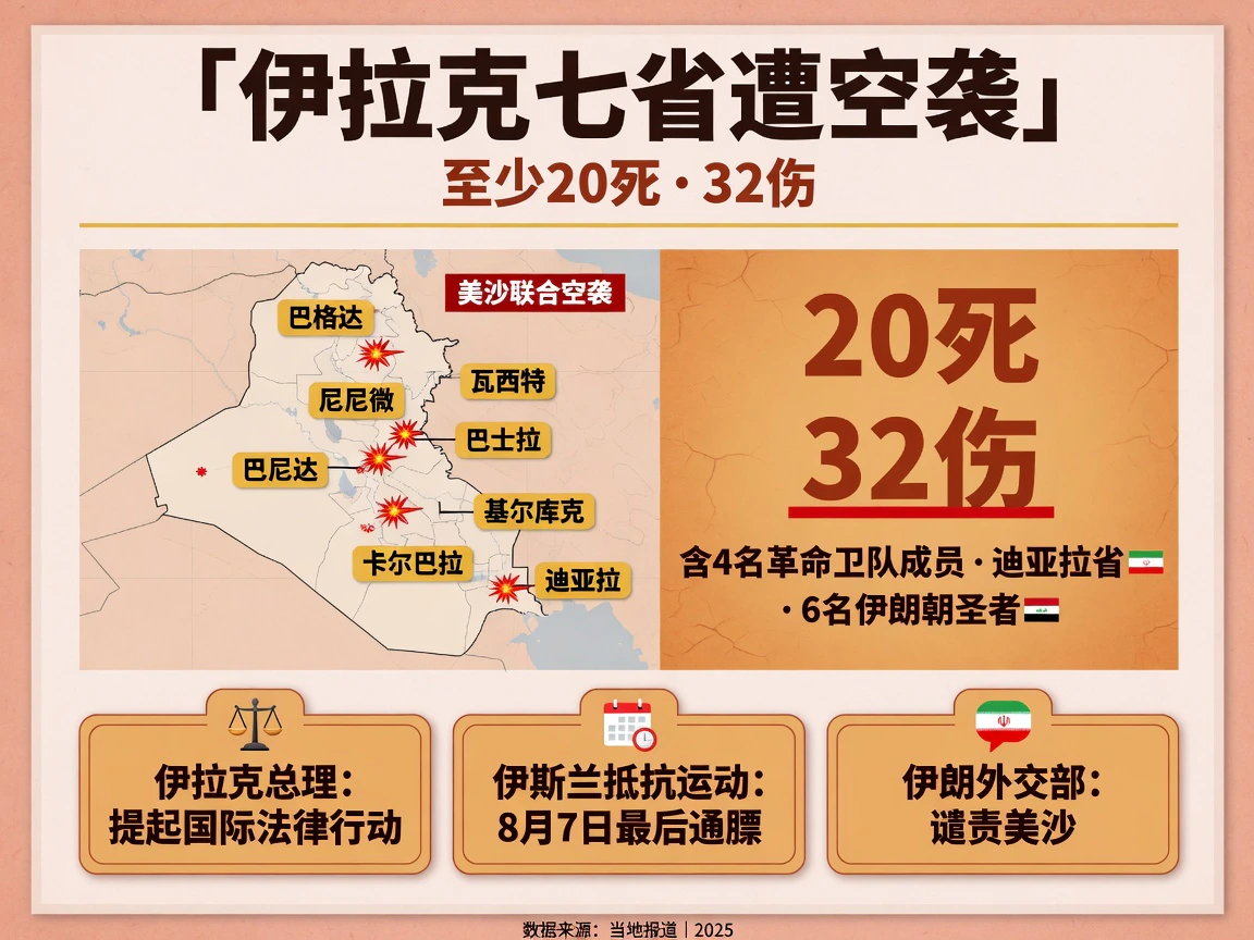 伊拉克七省遭美沙联合空袭——伤亡与政坛反应信息图