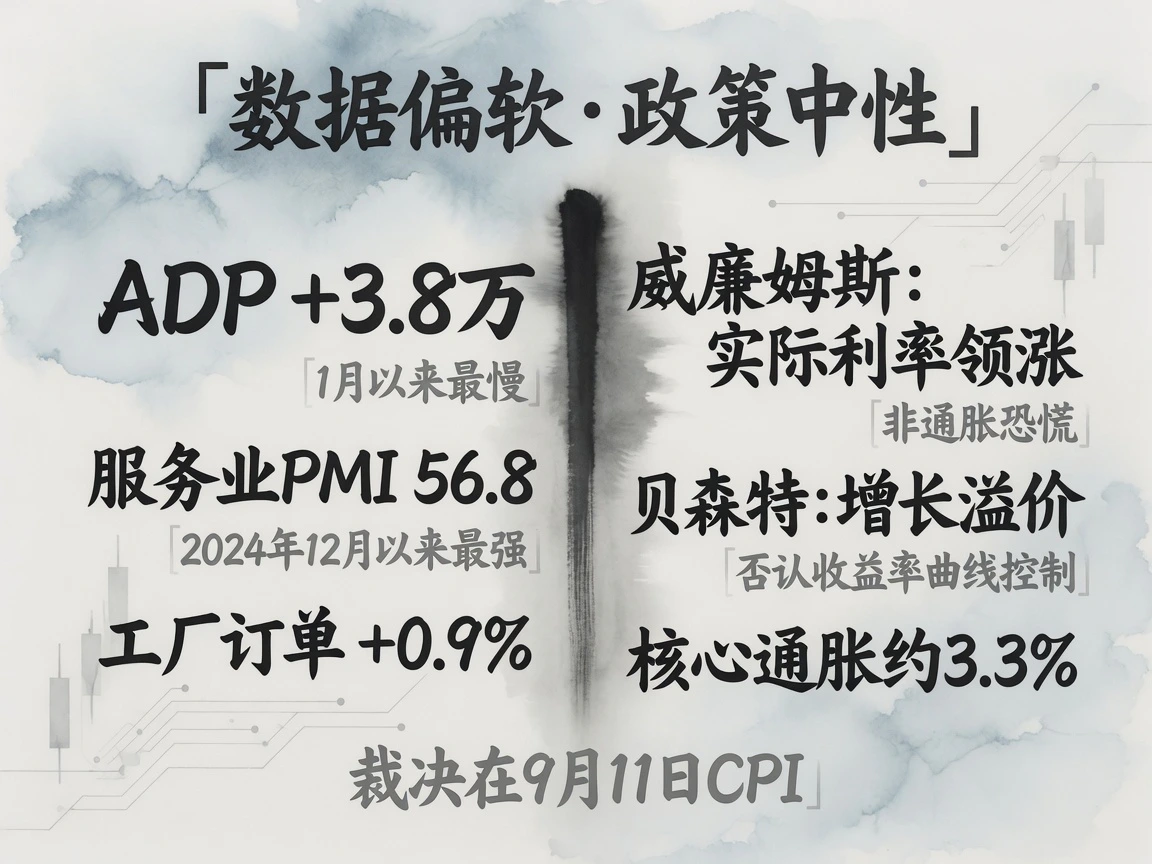 数据与政策章图:左读数ADP+3.8万、服务业PMI 56.8、工厂订单+0.9%;右政策口径威廉姆斯实际利率领涨、贝森特增长溢价、核心通胀约3.3%