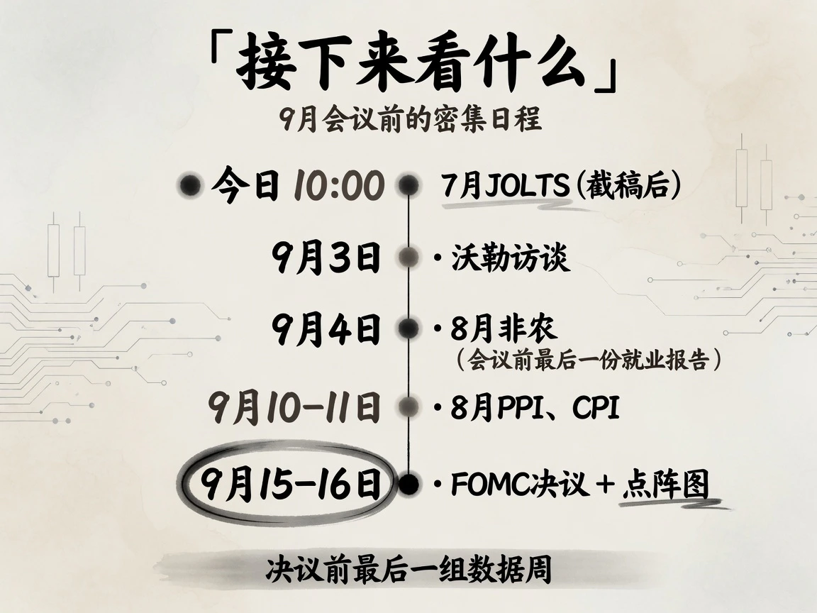 接下来看什么:7月JOLTS、沃勒访谈、8月非农、PPI与CPI、FOMC决议与点阵图的时间轴日程