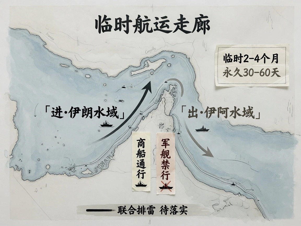 霍尔木兹临时走廊俯视图:进走伊朗水域出走伊阿水域、商船通行军舰禁行、临时2-4个月永久30-60天