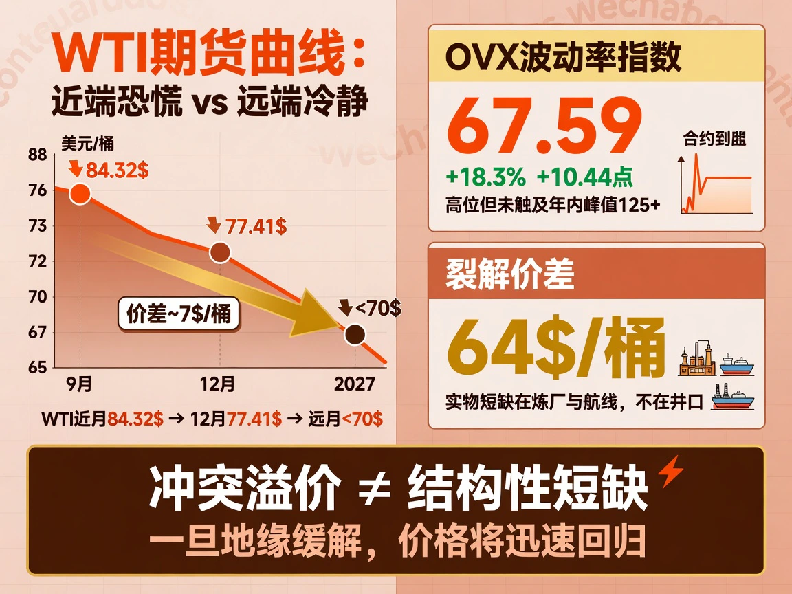 WTI近远月价差约7美元,波动率OVX 67.59,冲突溢价而非结构性短缺