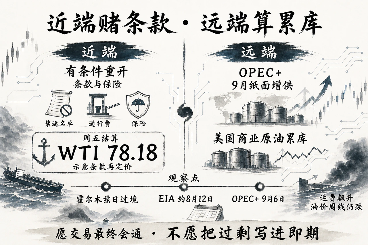 近端赌有条件重开条款（锚定周五WTI结算78.18），远端算OPEC+9月纸面增供与美国商业原油累库；观察点霍尔木兹日过境、EIA约8月12日与OPEC+9月6日；运费飙升与油价周线仍跌阶段性背离