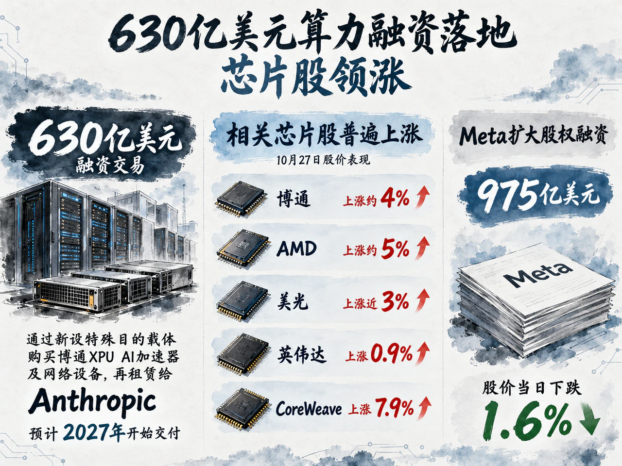 AI equipment financing lifts chip shares, while Meta falls after expanding equity financing.