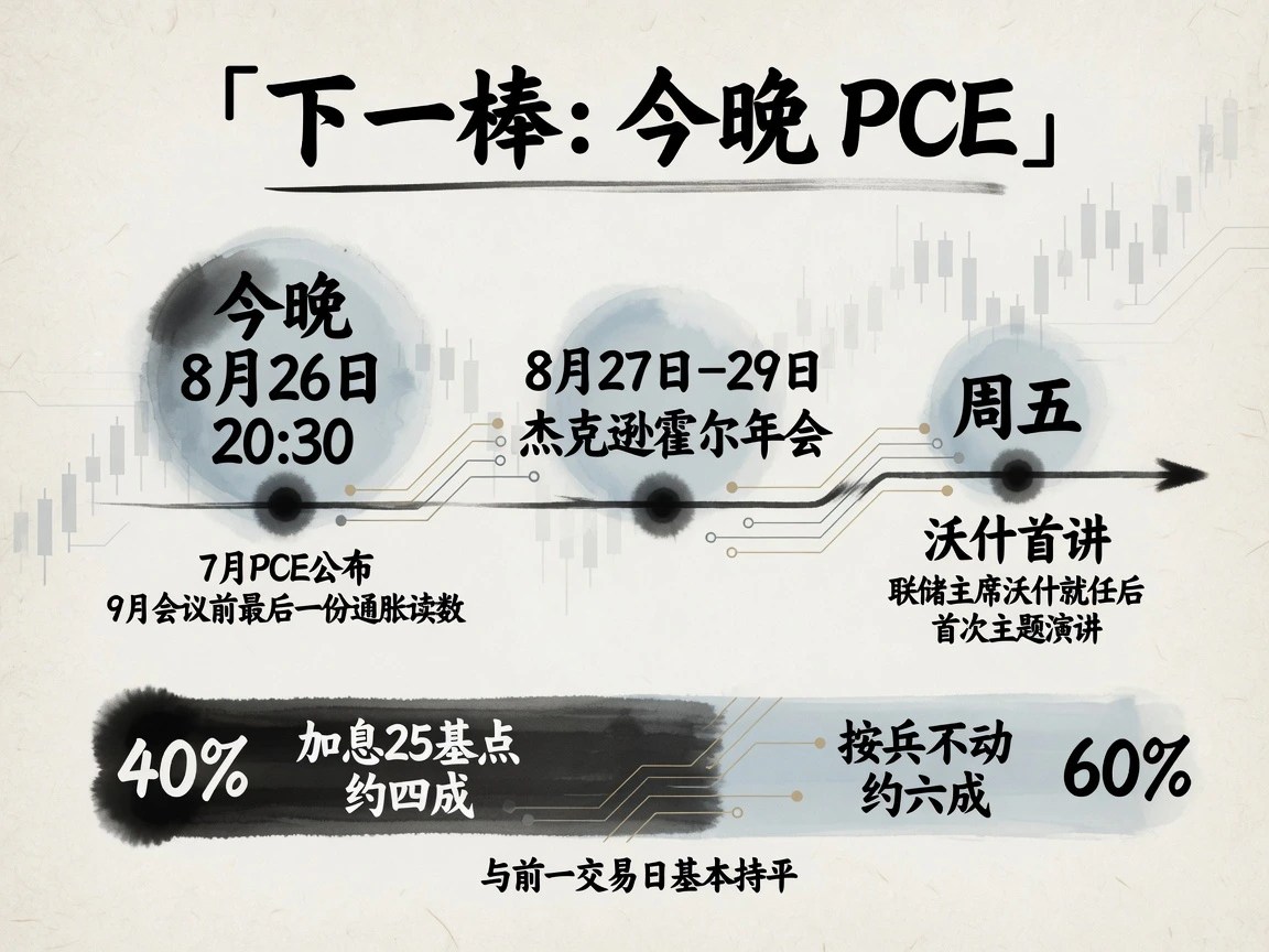 今晚8月26日20:30公布7月PCE,8月27-29杰克逊霍尔年会,周五沃什首讲;9月加息25基点约四成,按兵不动约六成
