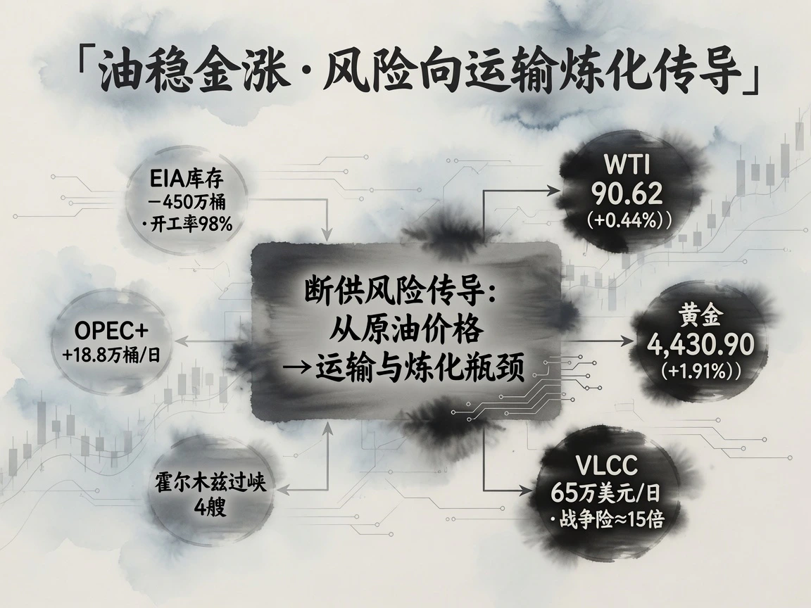 商品章图:油稳金涨,断供风险从油价向运输与炼化传导——WTI 90.62、黄金4,430.90、库存-450万桶、OPEC+ +18.8万桶/日、霍尔木兹过峡4艘、VLCC 65万美元/日