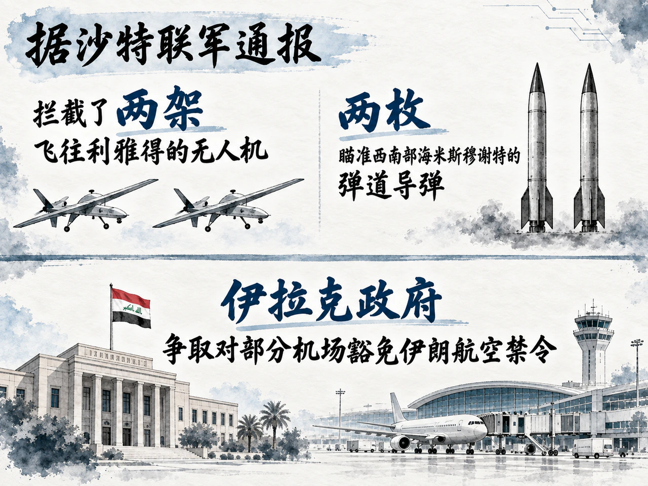 沙特拦截和黎南打击仍在延续,伊拉克寻求航空禁令豁免