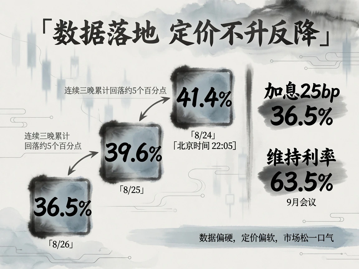9月加息定价不升反降：连续三个晚间读数41.4%→39.6%→36.5%累计回落约5个百分点，9月加息25bp概率36.5%、维持利率63.5%