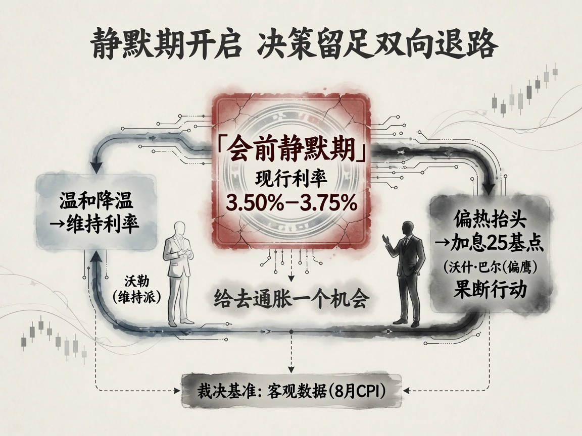 美联储会前静默期决策框架图:维持利率3.50%–3.75%与加息25基点的双向空间,沃勒观望派与偏鹰立场