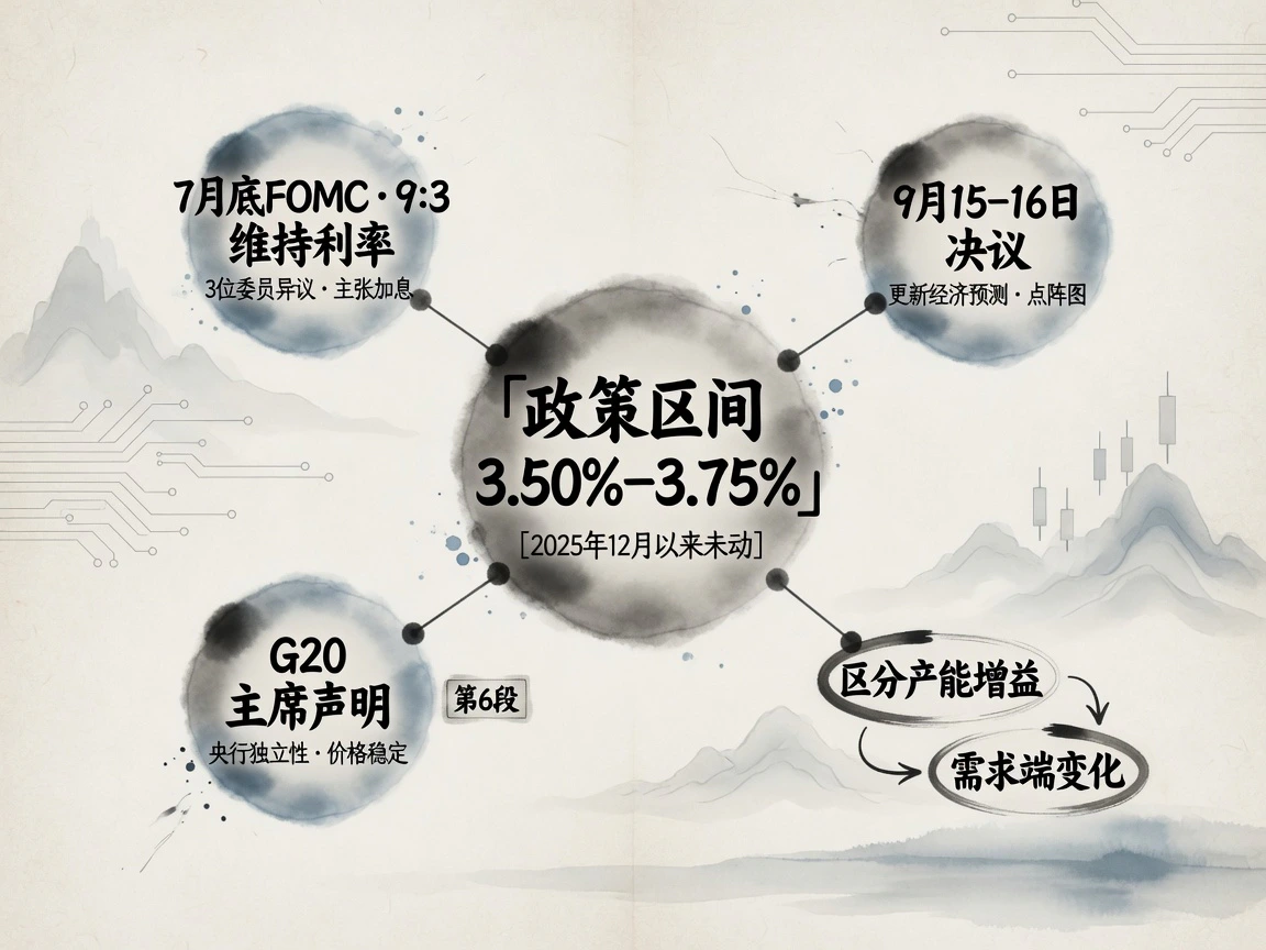 政策会议:FOMC 锚点 3.50%–3.75% 与 G20 文本框架图