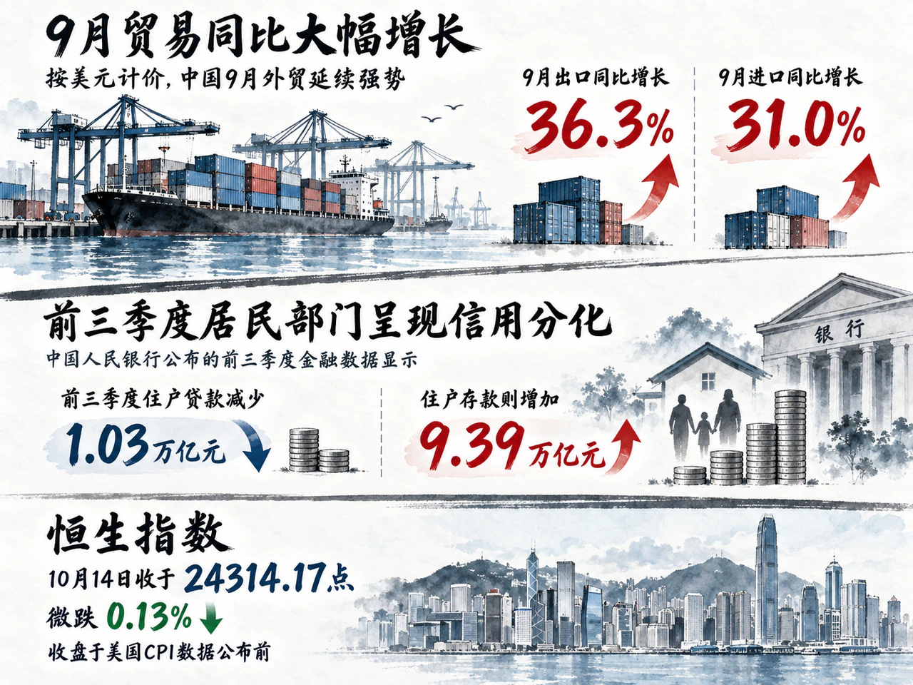 中国9月外贸增长与前三季度居民信用需求分化