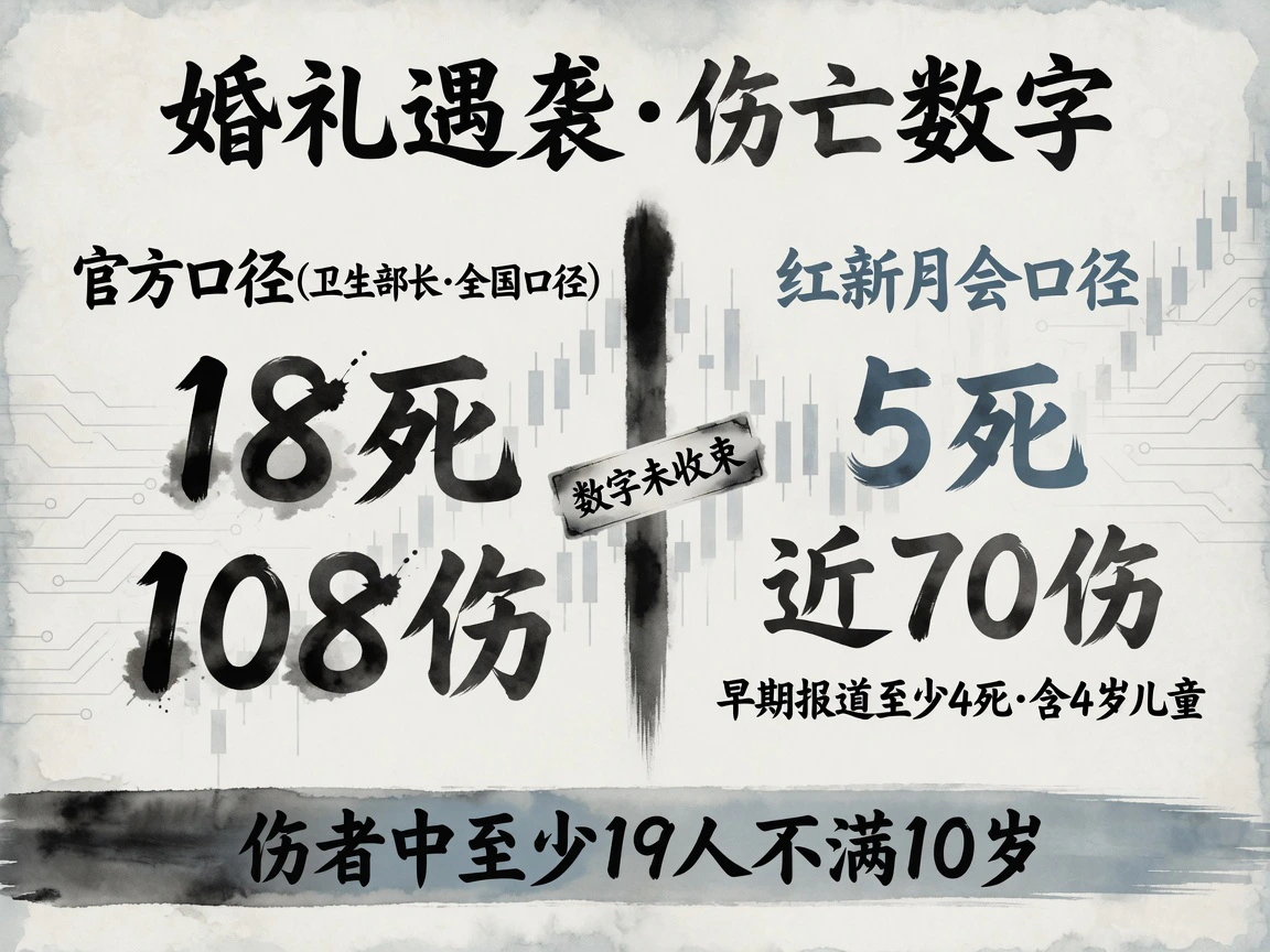 婚礼遇袭伤亡口径对照:官方18死108伤,红新月会5死近70伤,数字未收束