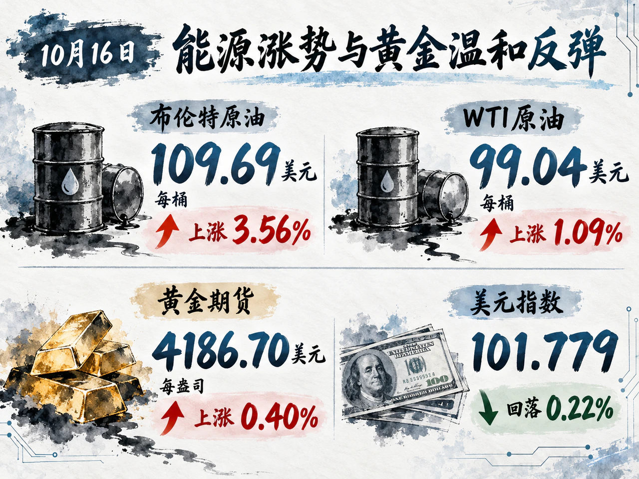 10月16日原油和黄金上涨,美元指数下跌