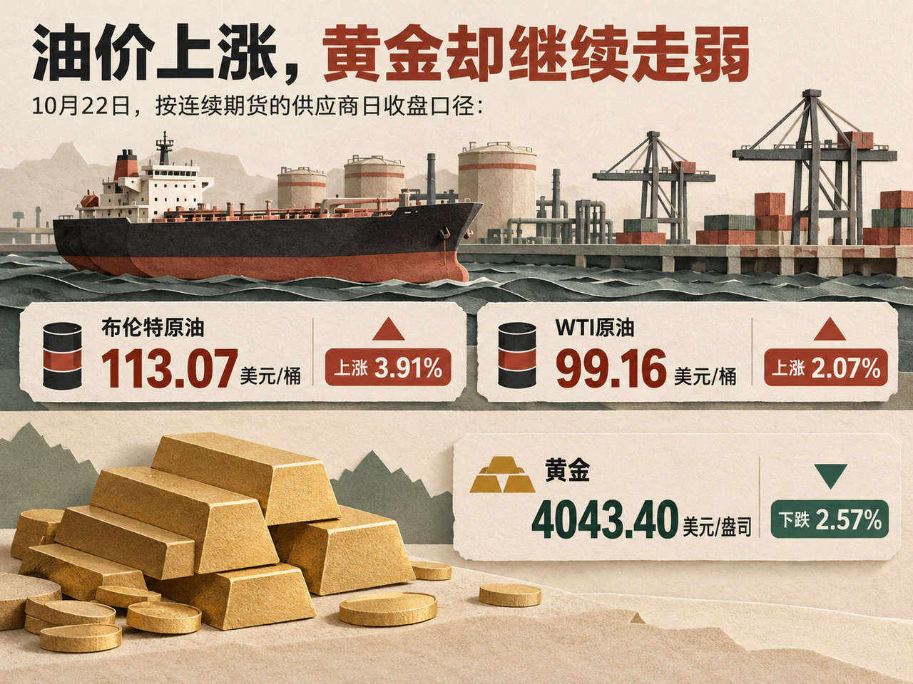 Brent and WTI rise on October 22 while gold falls.