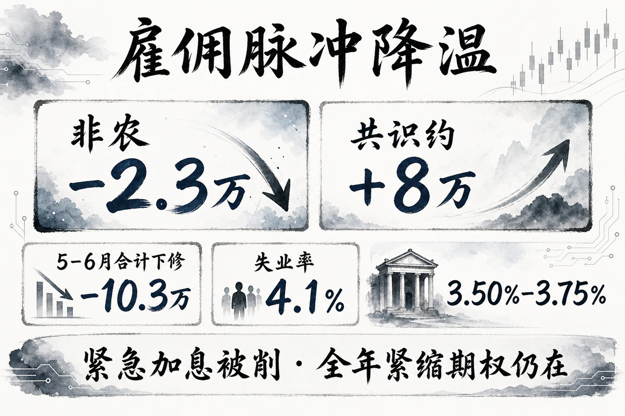 宏观雇佣脉冲降温紧急加息被削:非农−2.3万vs共识约+8万,5–6月合计下修−10.3万,失业率4.1%,区间3.50%–3.75%