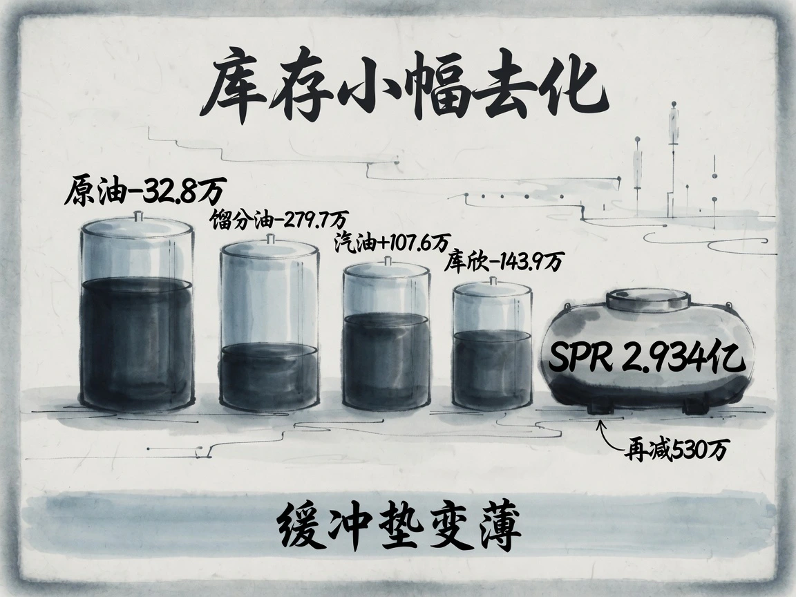 API原油仅减32.8万桶，馏分油再减279.7万桶，SPR降至2.934亿桶