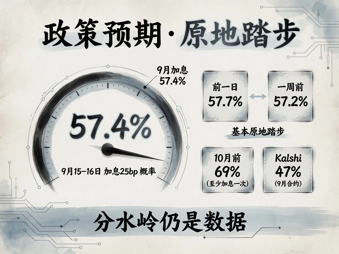 政策预期仪表盘：9月加息概率57.4%、前一日57.7%、一周前57.2%、10月前69%、Kalshi47%