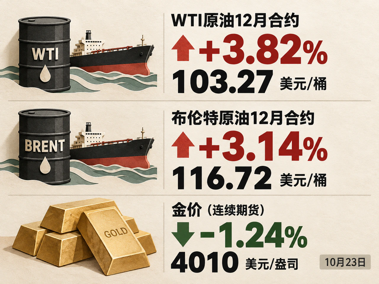 October 23 oil gains and gold decline