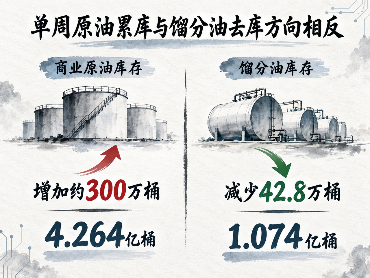 美国商业原油库存增加约300万桶，馏分油库存减少42.8万桶。
