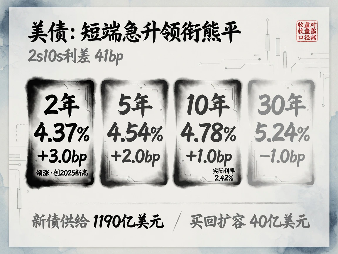 固收市场:短端急升领衔熊平——2年期4.37%(+3.0bp,创2025年新高),5年4.54%,10年4.78%,30年5.24%(-1.0bp),2s10s利差41bp,下周供给1190亿对冲买回扩容40亿