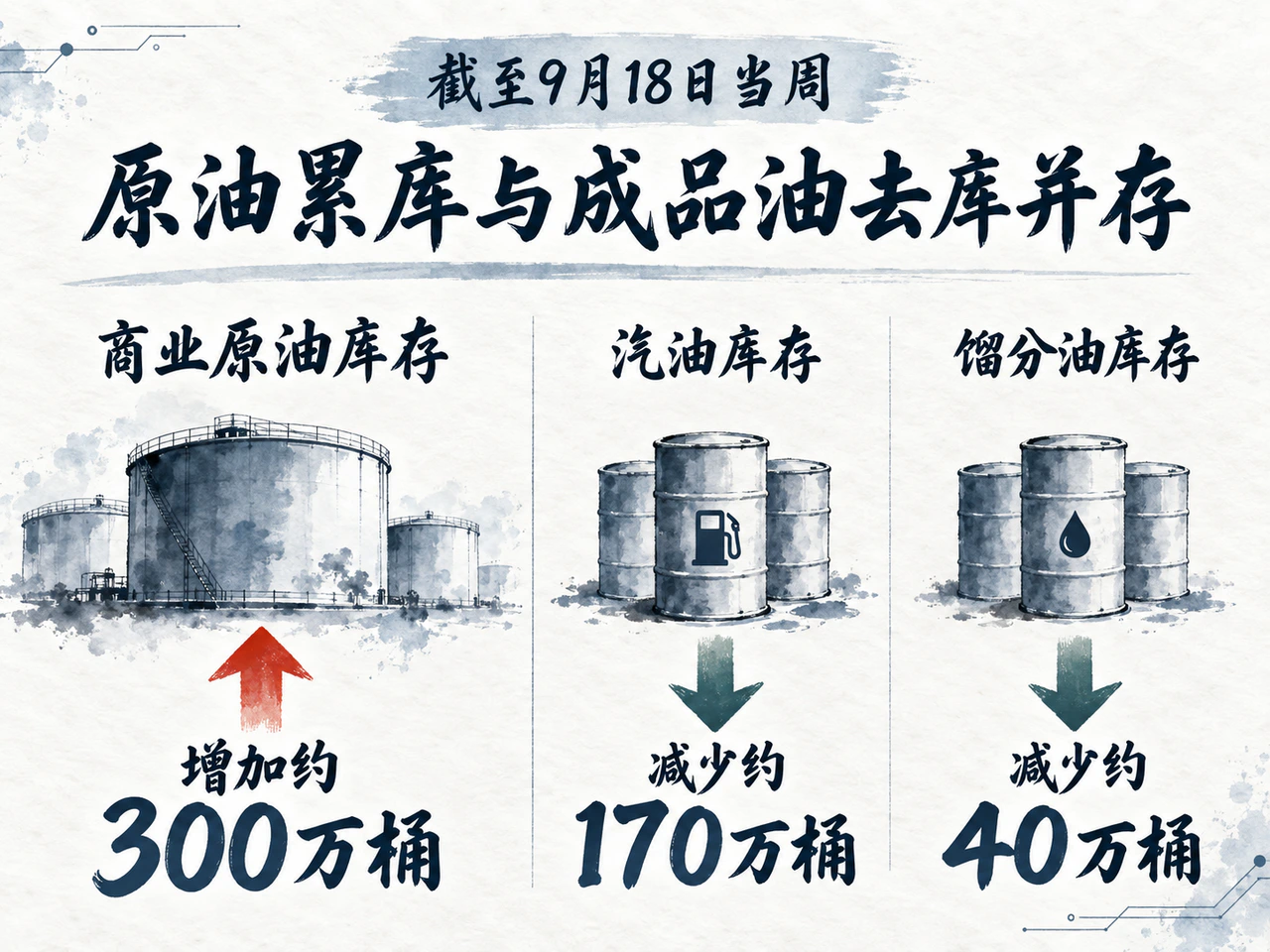 EIA库存数据：原油增加，汽油和馏分油减少，统计周截至9月18日。