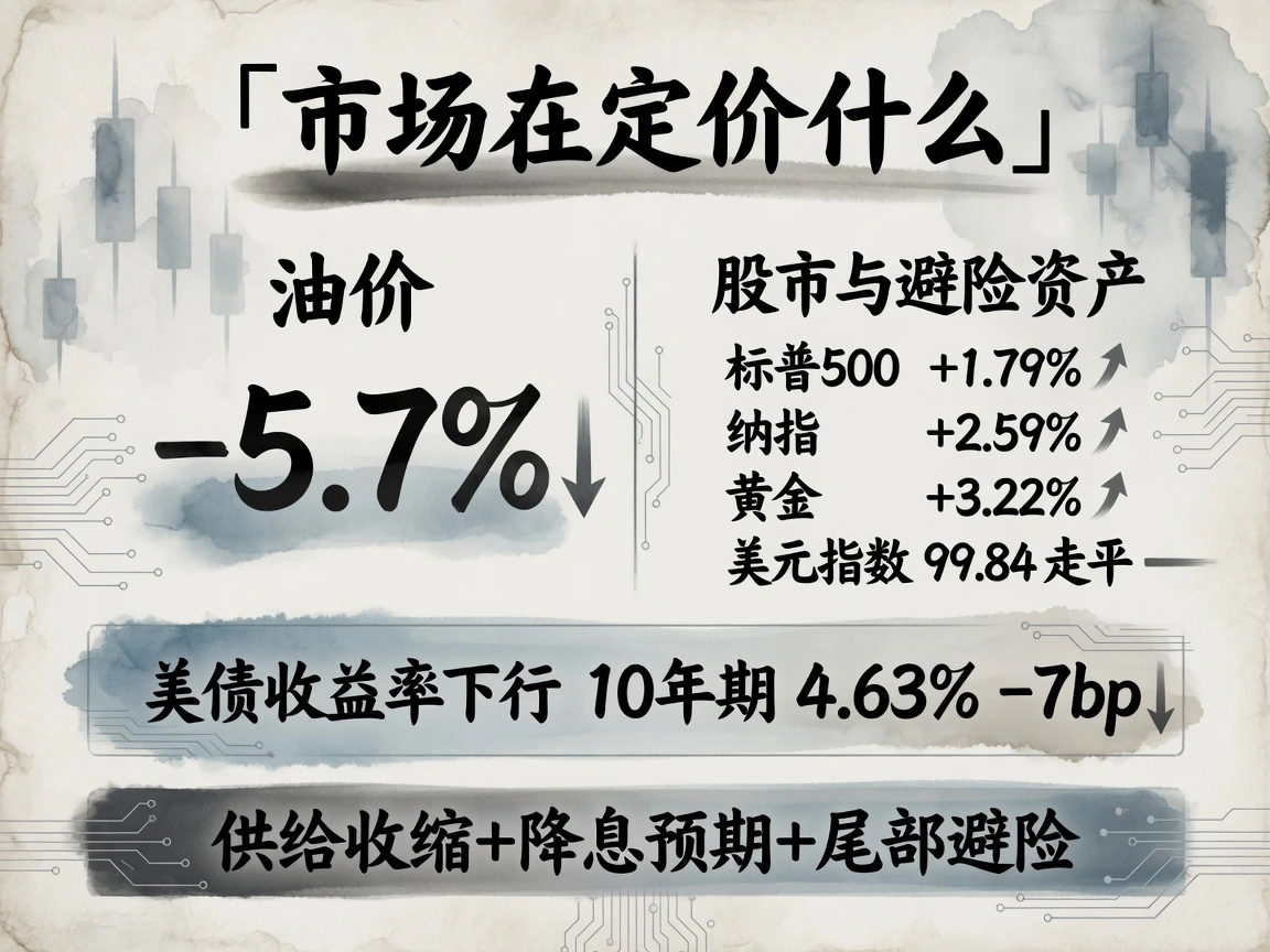 市场在定价什么：油价-5.7% vs 标普+1.79%、纳指+2.59%、黄金+3.22%、美元99.84走平、10年期4.63% -7bp