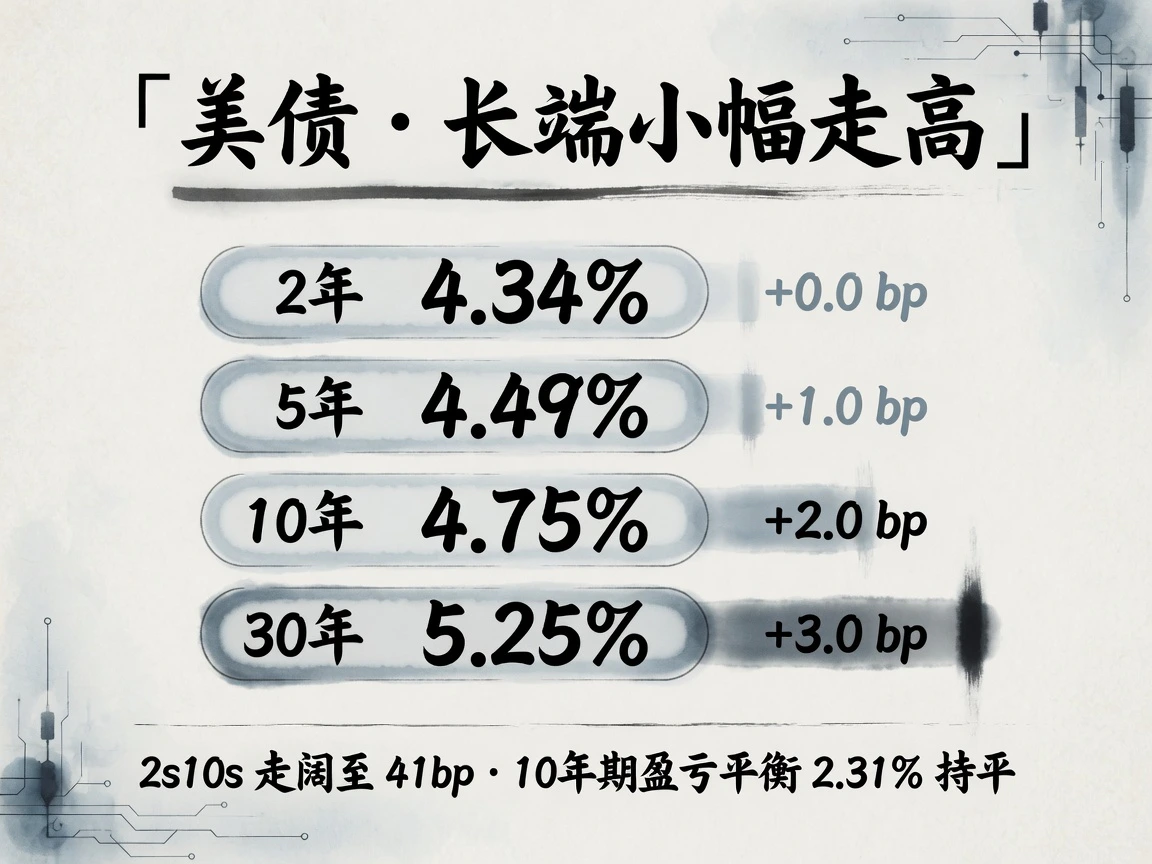 美债长端小幅走高:2年4.34%持平、5年4.49%、10年4.75%、30年5.25%