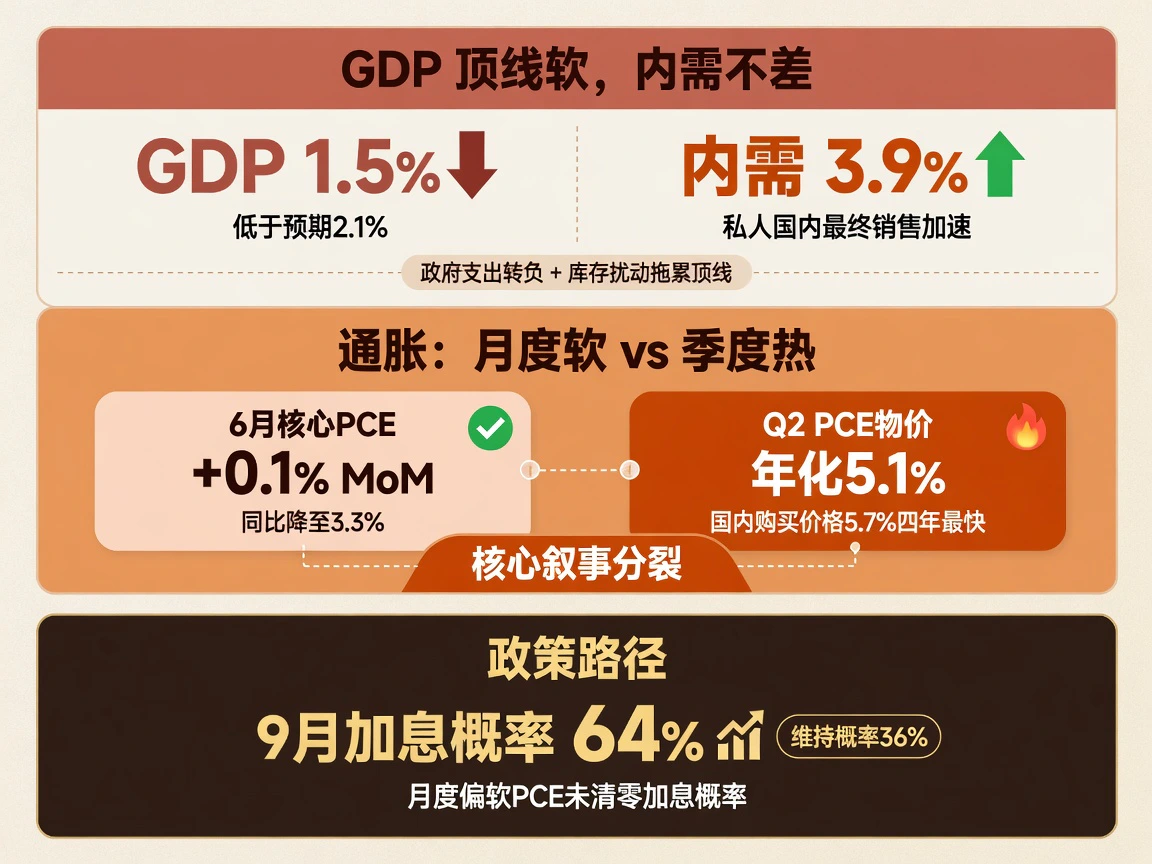 宏观混合信号：GDP 1.5%顶线软但内需3.9%加速，PCE月度软vs季度热，9月加息概率64%