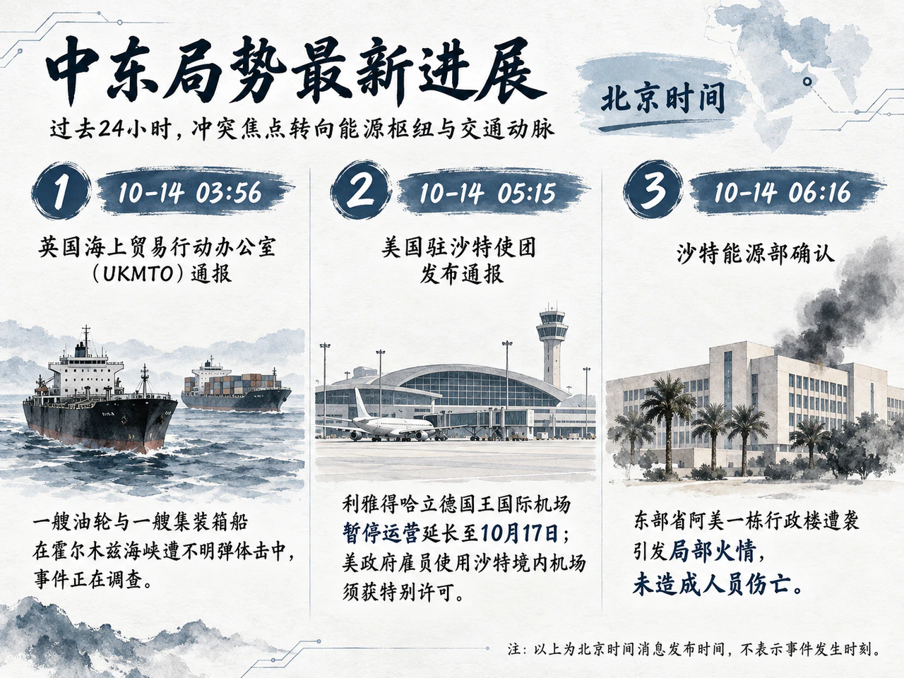 北京时间消息发布顺序:商船遇袭通报、机场延停与行政楼火情确认