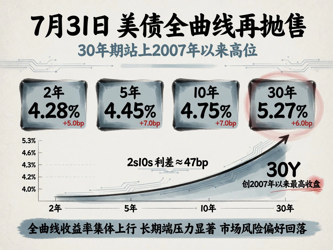 7月31日美债日终:2Y 4.28%(+5bp)、5Y 4.45%(+7bp)、10Y 4.75%(+7bp)、30Y 5.27%(+6bp),2s10s约47bp