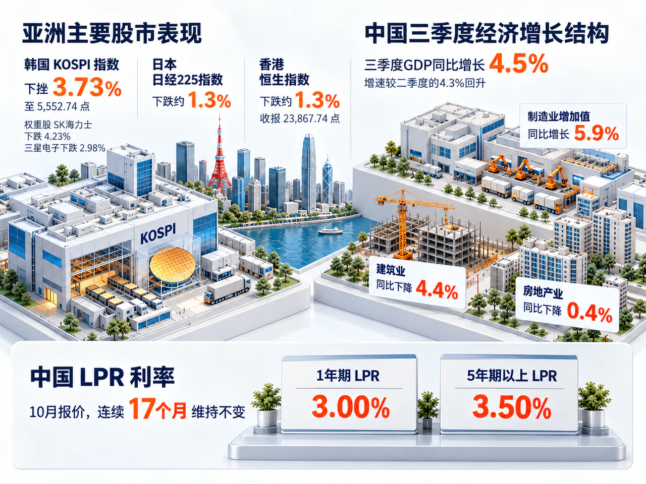 Asian equity losses alongside China's sectoral growth and unchanged LPRs.