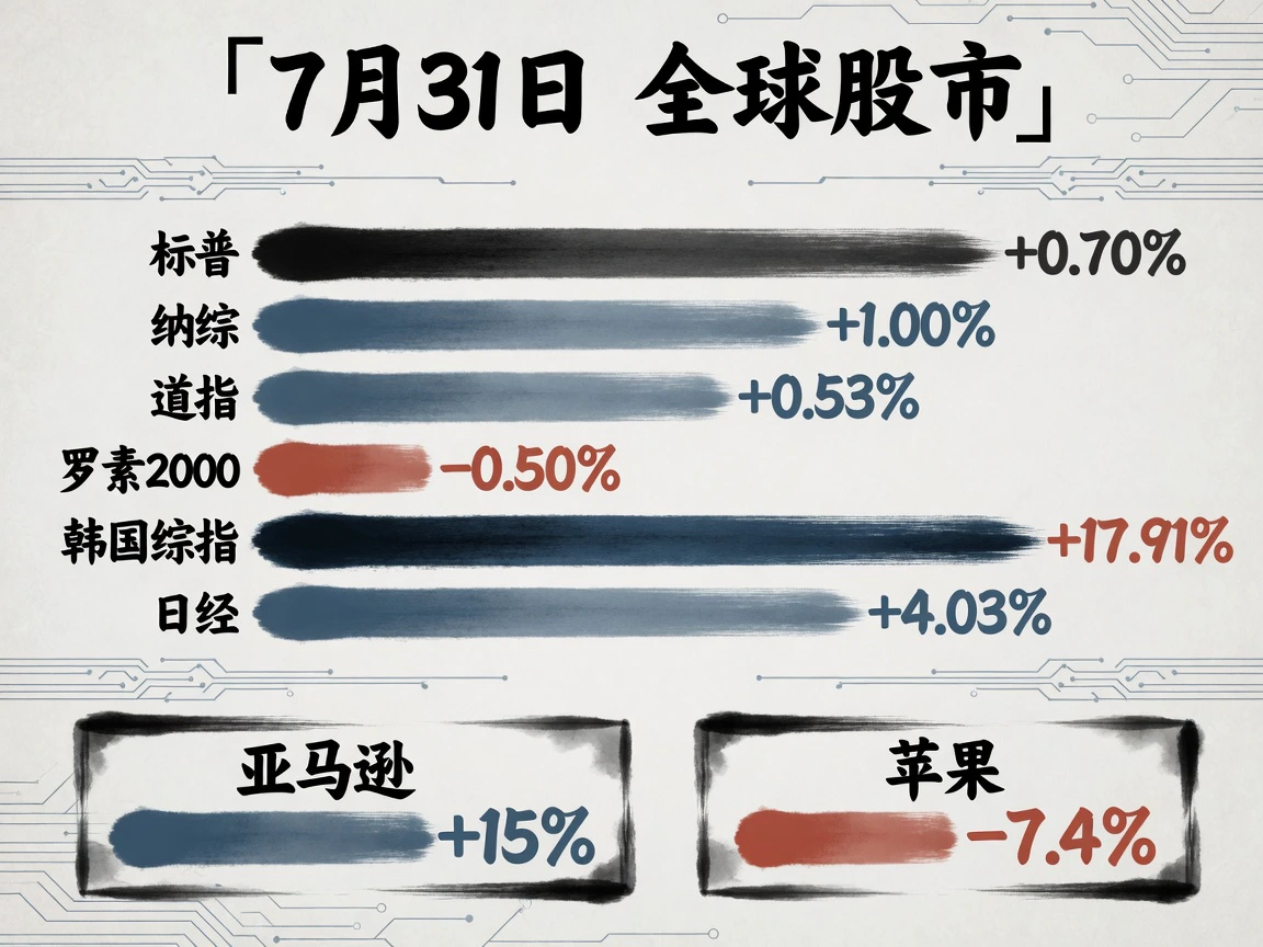 7月31日全球股市:标普+0.70%、纳综+1.00%、韩国综指+17.91%